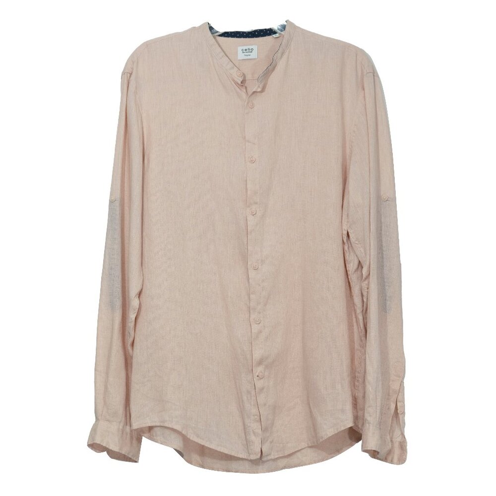 Celio 100% Linen Shirt Pink Button Down High Collar long Sleeve Breathable